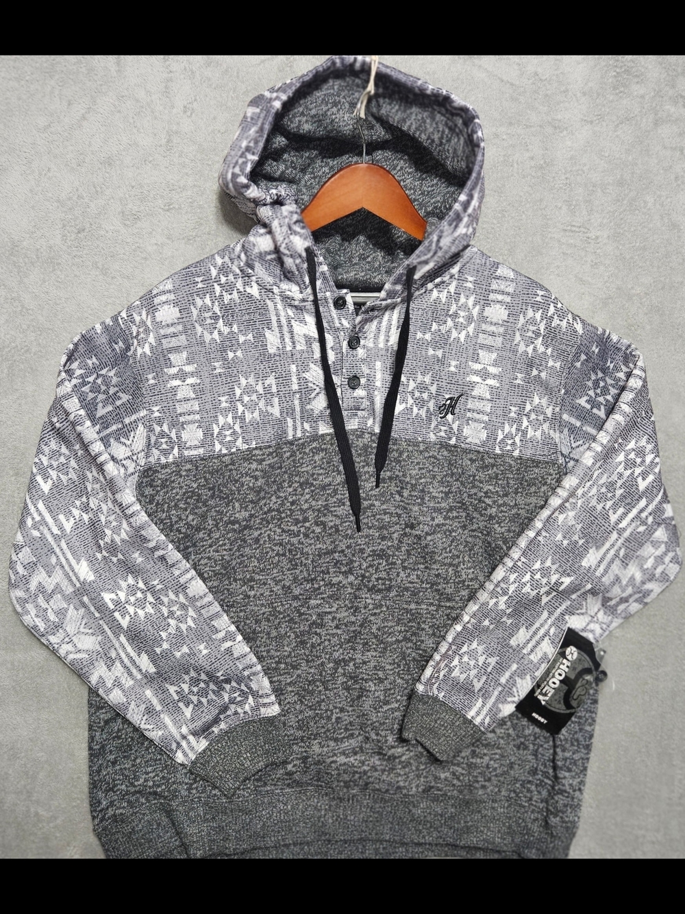 Hooey Gray Patterned Hooded Henley Pullover